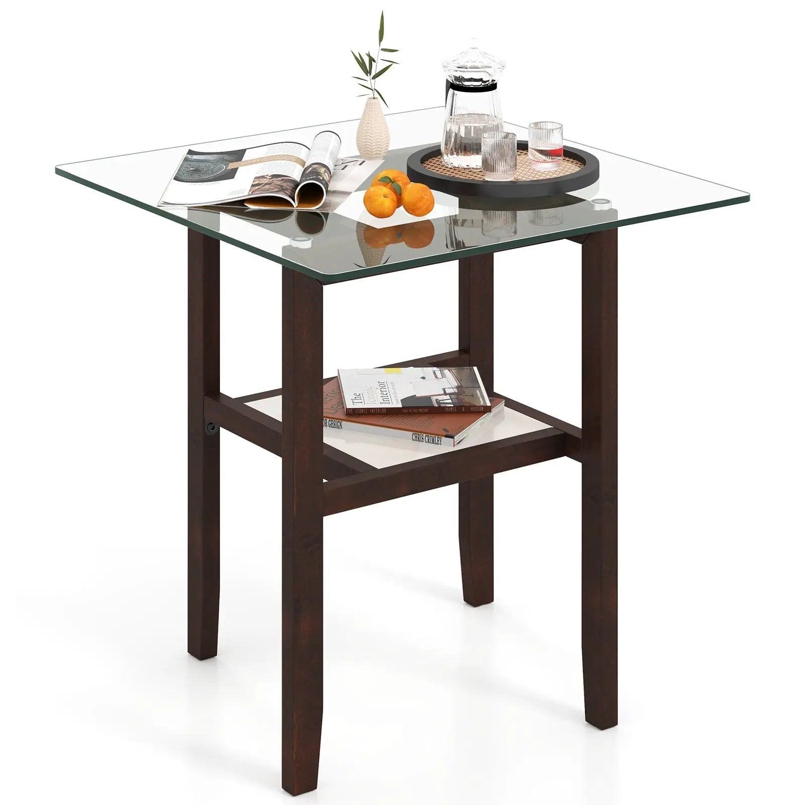 24 Inch 2-Tier Square Glass Coffee Table Center Table with Storage Shelf-Brown by DirectDeals