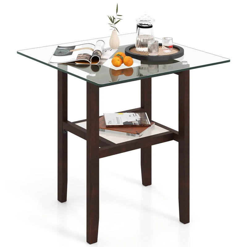 24 Inch 2-Tier Square Glass Coffee Table Center Table with Storage Shelf-Brown by DirectDeals