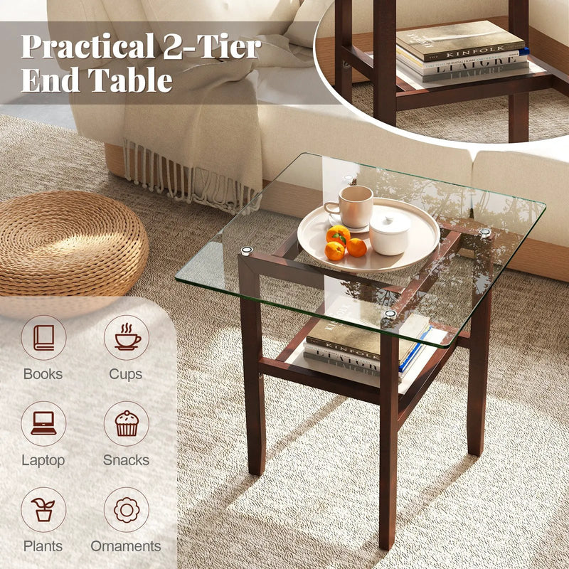 24 Inch 2-Tier Square Glass Coffee Table Center Table with Storage Shelf-Brown by DirectDeals