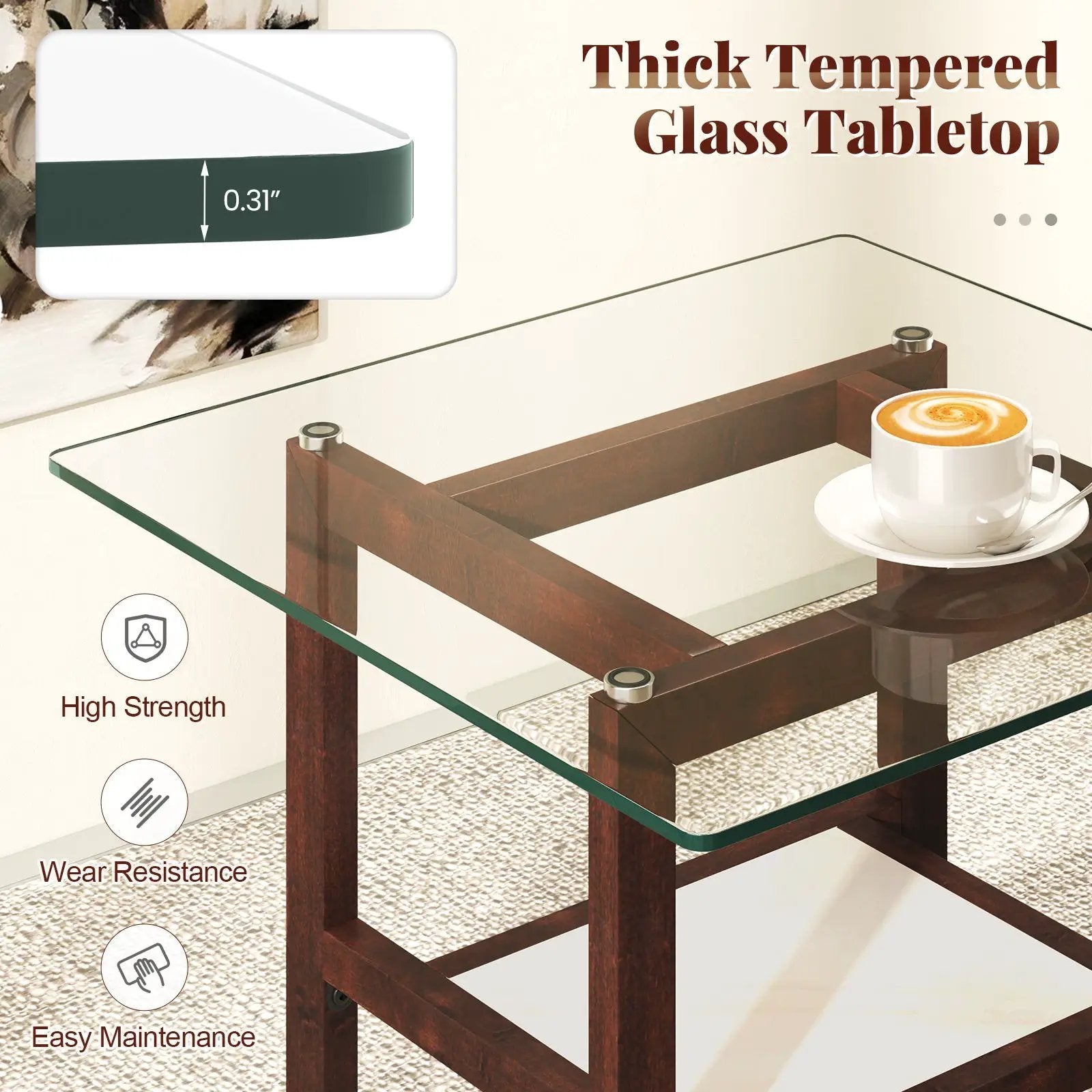 24 Inch 2-Tier Square Glass Coffee Table Center Table with Storage Shelf-Brown by DirectDeals