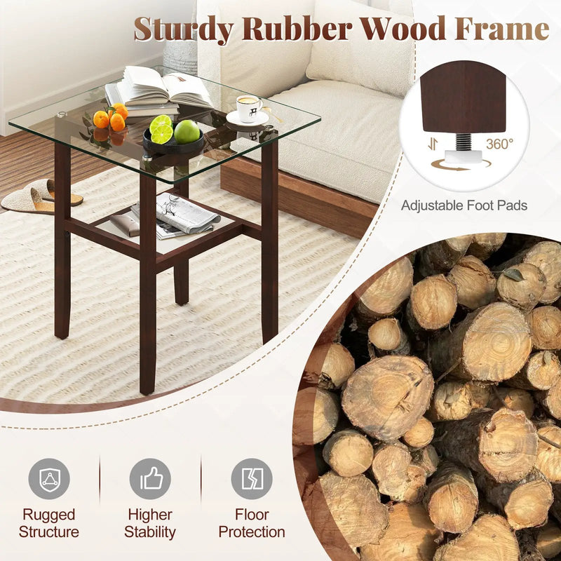 24 Inch 2-Tier Square Glass Coffee Table Center Table with Storage Shelf-Brown by DirectDeals
