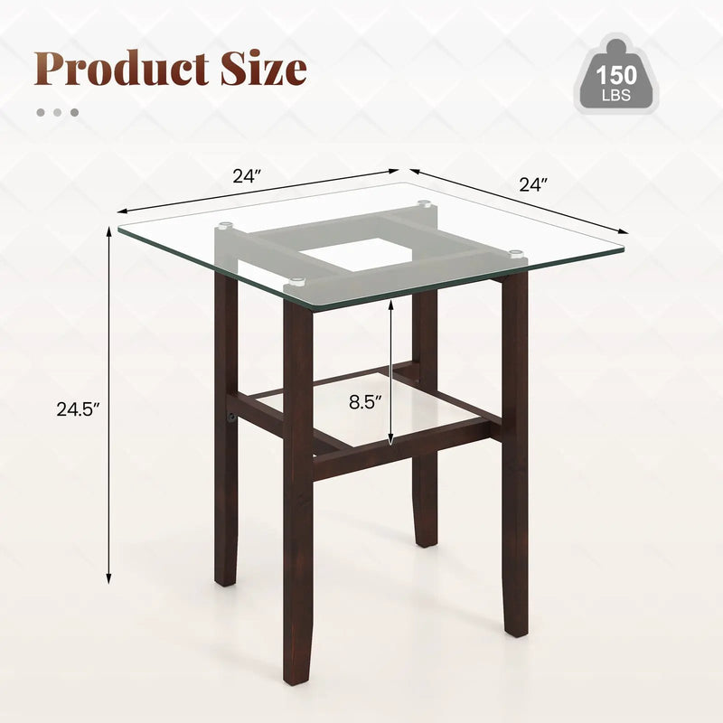 24 Inch 2-Tier Square Glass Coffee Table Center Table with Storage Shelf-Brown by DirectDeals