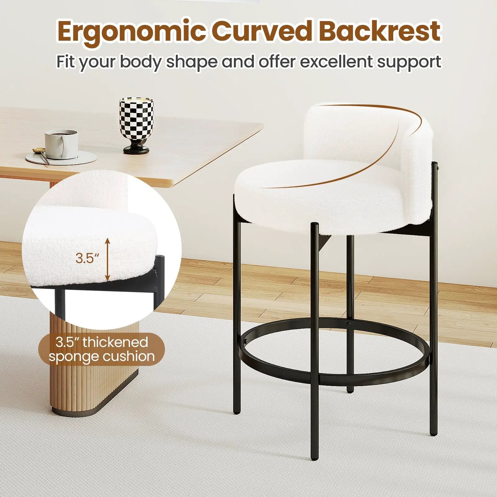 24 Inch Boucle Counter Stools Set of 2 with Curved Backrest by DirectDeals