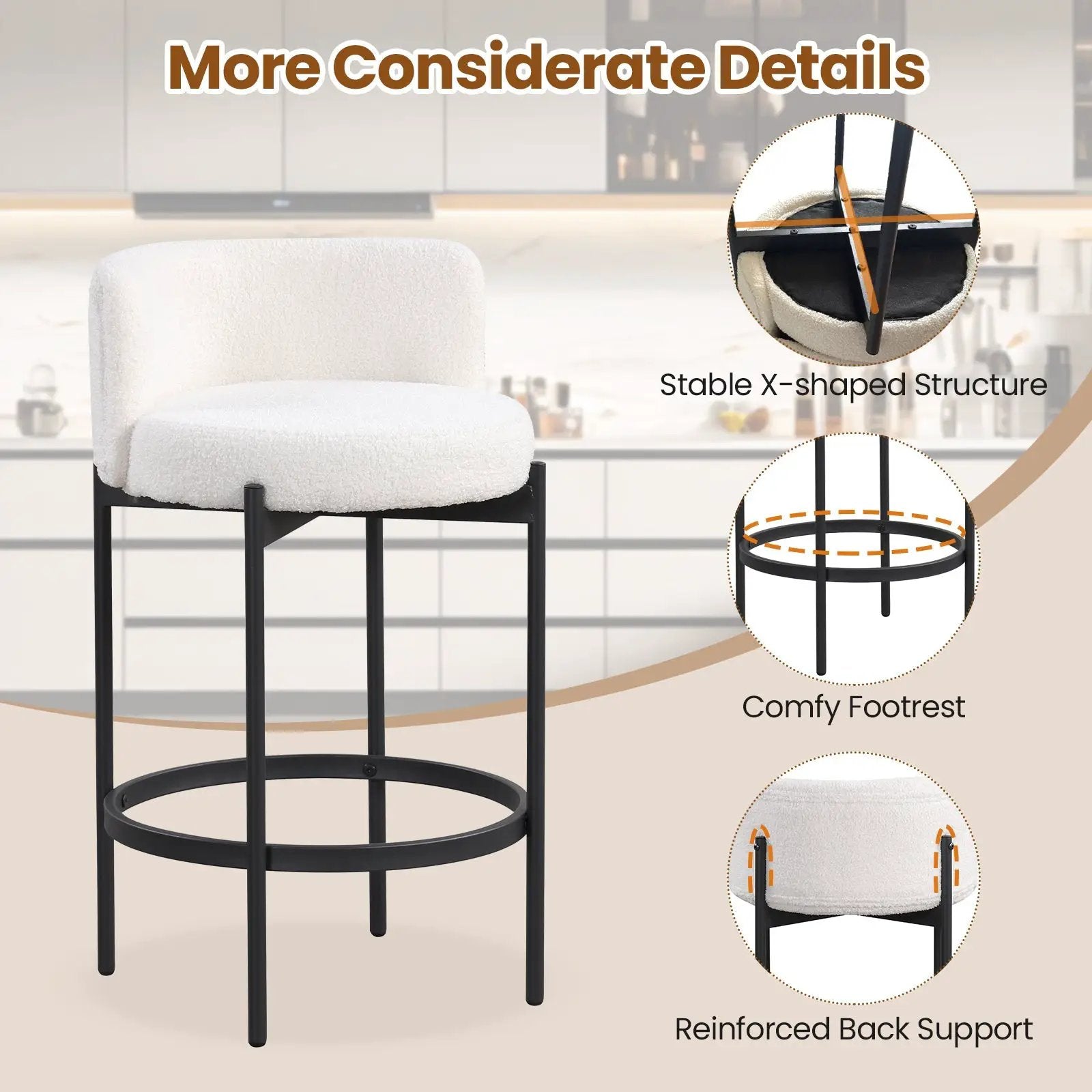 24 Inch Boucle Counter Stools Set of 2 with Curved Backrest by DirectDeals