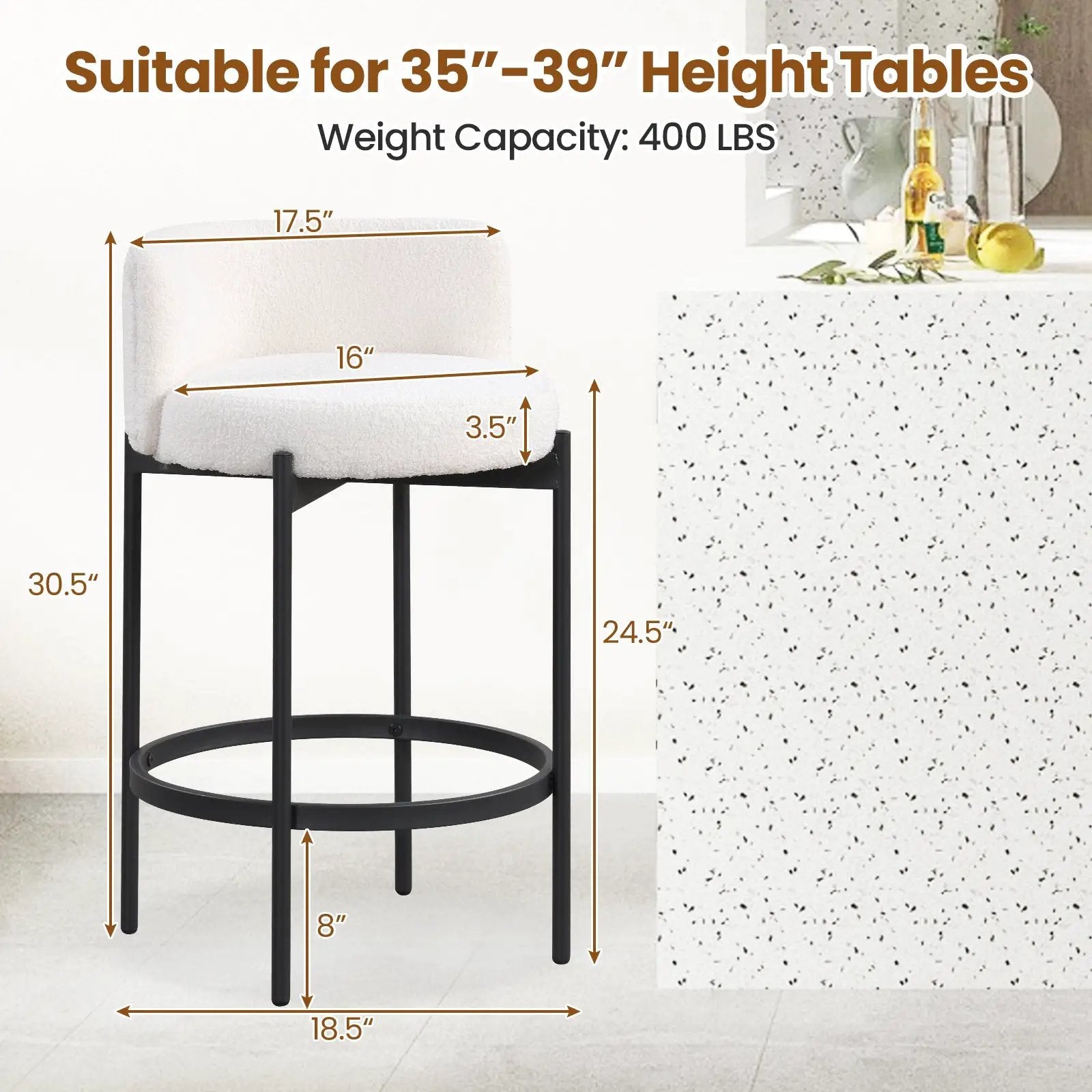 24 Inch Boucle Counter Stools Set of 2 with Curved Backrest by DirectDeals