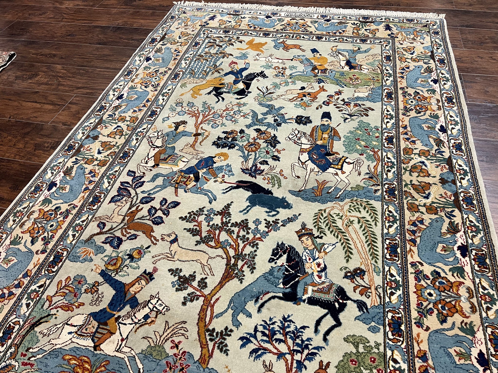 Persian Kashan Pictorial Rug 4.6 x 7, Hunting Scene, Signed by Masterweaver, Animal Pictorials, Rare, Handmade, Wool, Vintage, Very Fine by Jewel Rugs