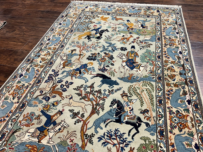Persian Kashan Pictorial Rug 4.6 x 7, Hunting Scene, Signed by Masterweaver, Animal Pictorials, Rare, Handmade, Wool, Vintage, Very Fine by Jewel Rugs
