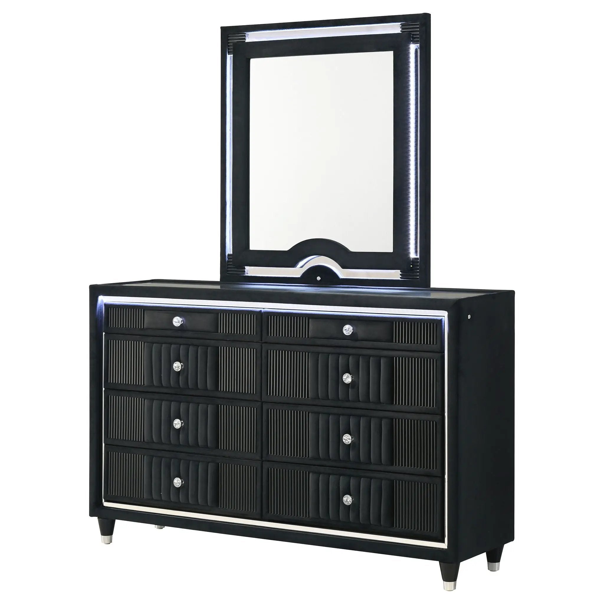 Ravenne 6-drawer Velvet Upholstered LED Dresser and Mirror Black by Unique Piece Furniture