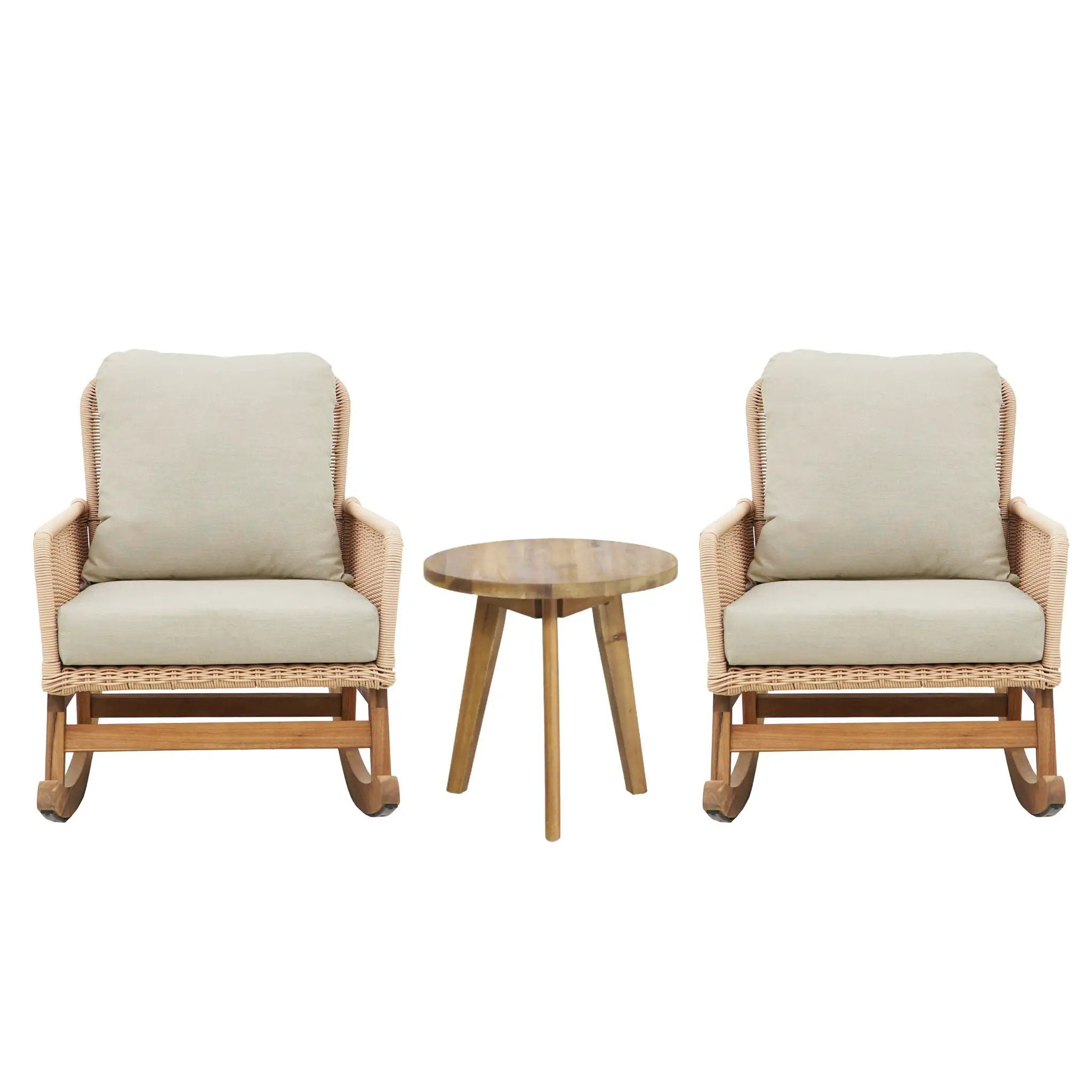 Modern 3 Piece Outdoor Seating Set with Cushioned Rattan Rocking Chairs and Wooden Accent Table by HouseOfZazla