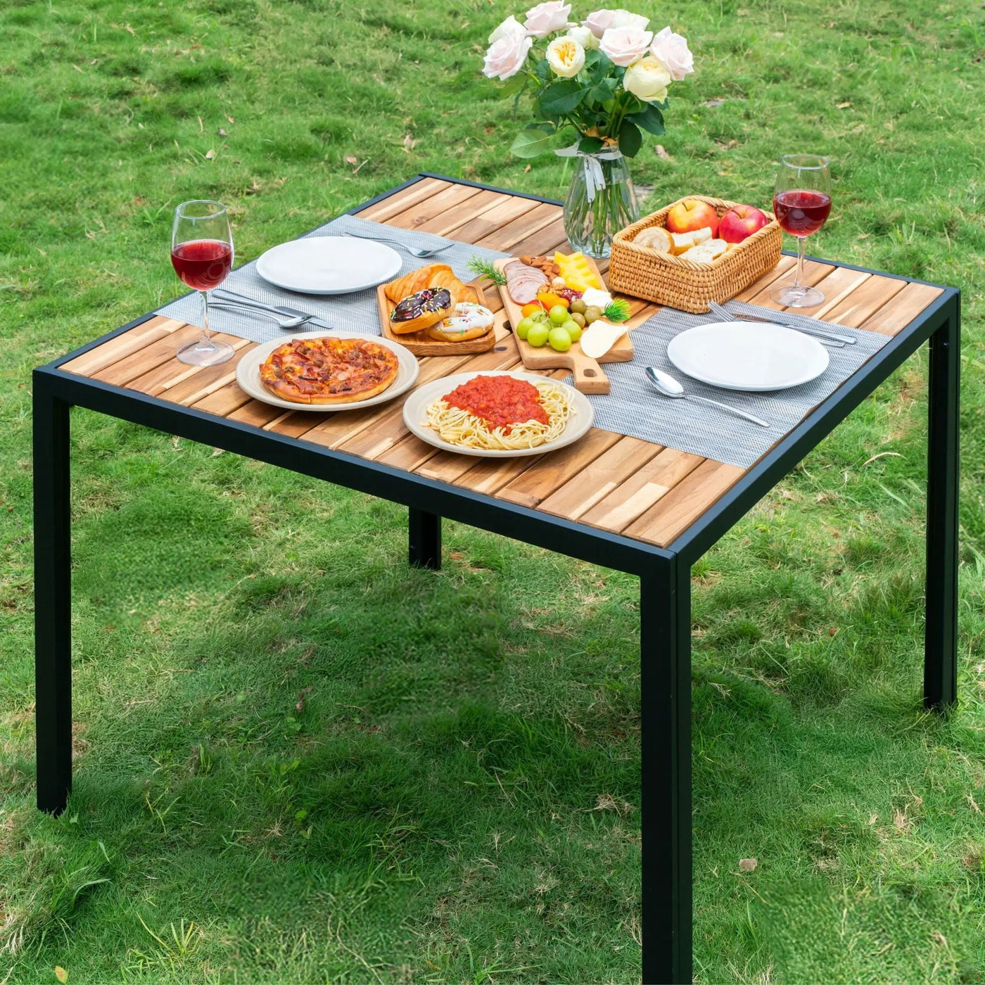 5 Piece Patio Dining Table Set, Acacia Wood Table Top With Umbrella Hole by HouseOfZazla