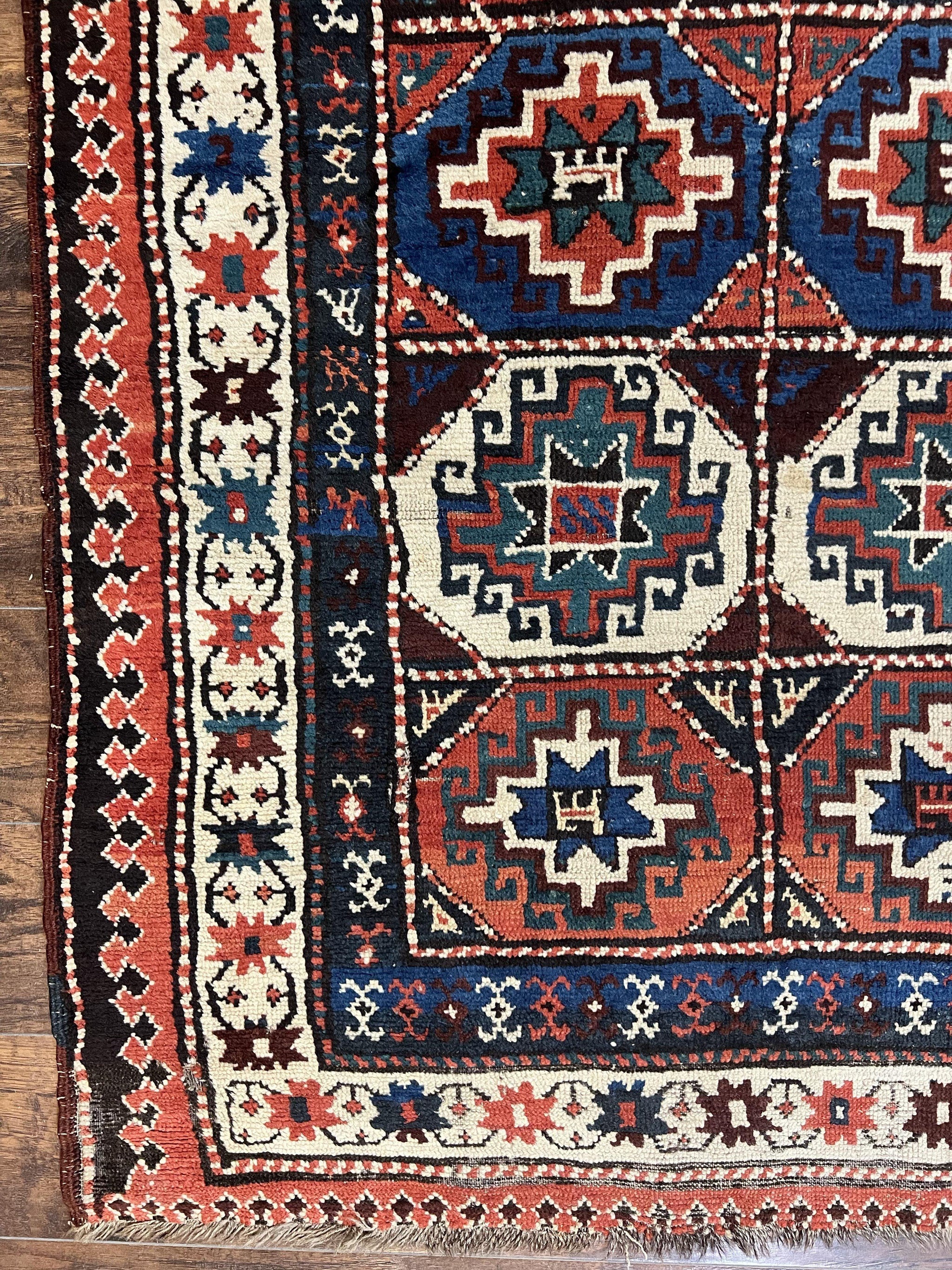 Antique Caucasian Kazak Runner Rug 4 x 9.5, Handmade Wool Rug for Hallway, Rare Colorful Panel Design Mid 19th Century 1870s Oriental Carpet by Jewel Rugs