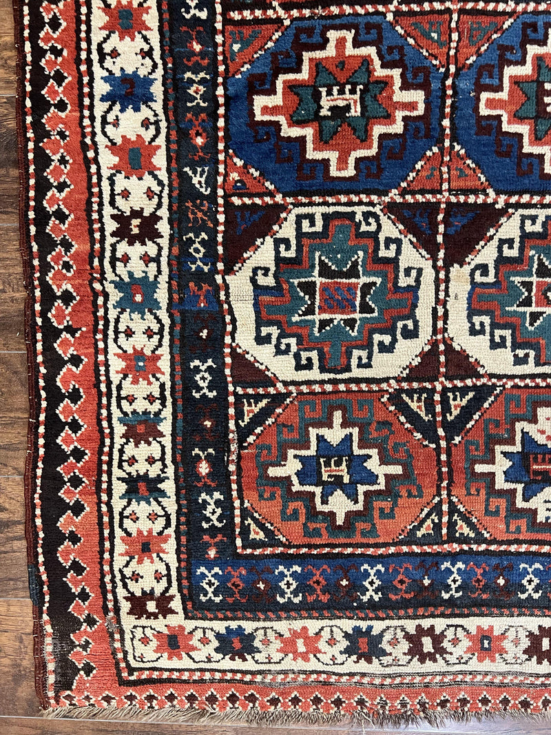 Antique Caucasian Kazak Runner Rug 4 x 9.5, Handmade Wool Rug for Hallway, Rare Colorful Panel Design Mid 19th Century 1870s Oriental Carpet by Jewel Rugs