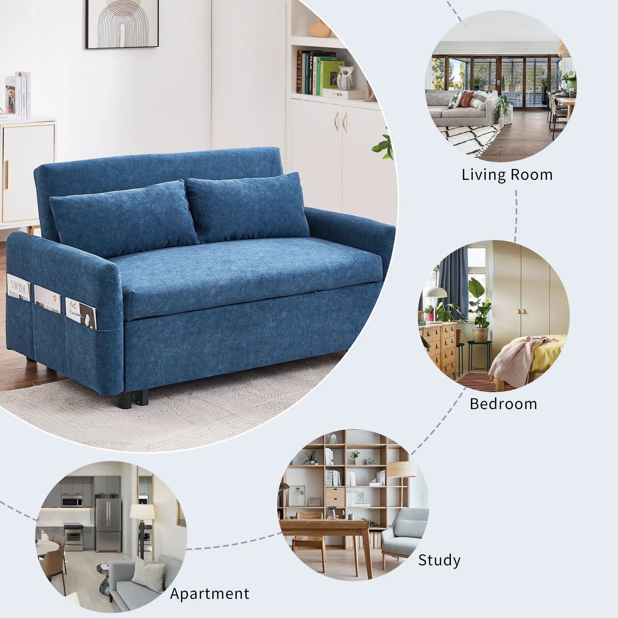 Pull Out Sleep Sofa Bed Loveseats Sofa Couch With Adjsutable Backrest, Storage Pockets, 2 Soft Pillows, USB Ports For Living Room, Bedroom, Apartment, Office by HouseOfZazla