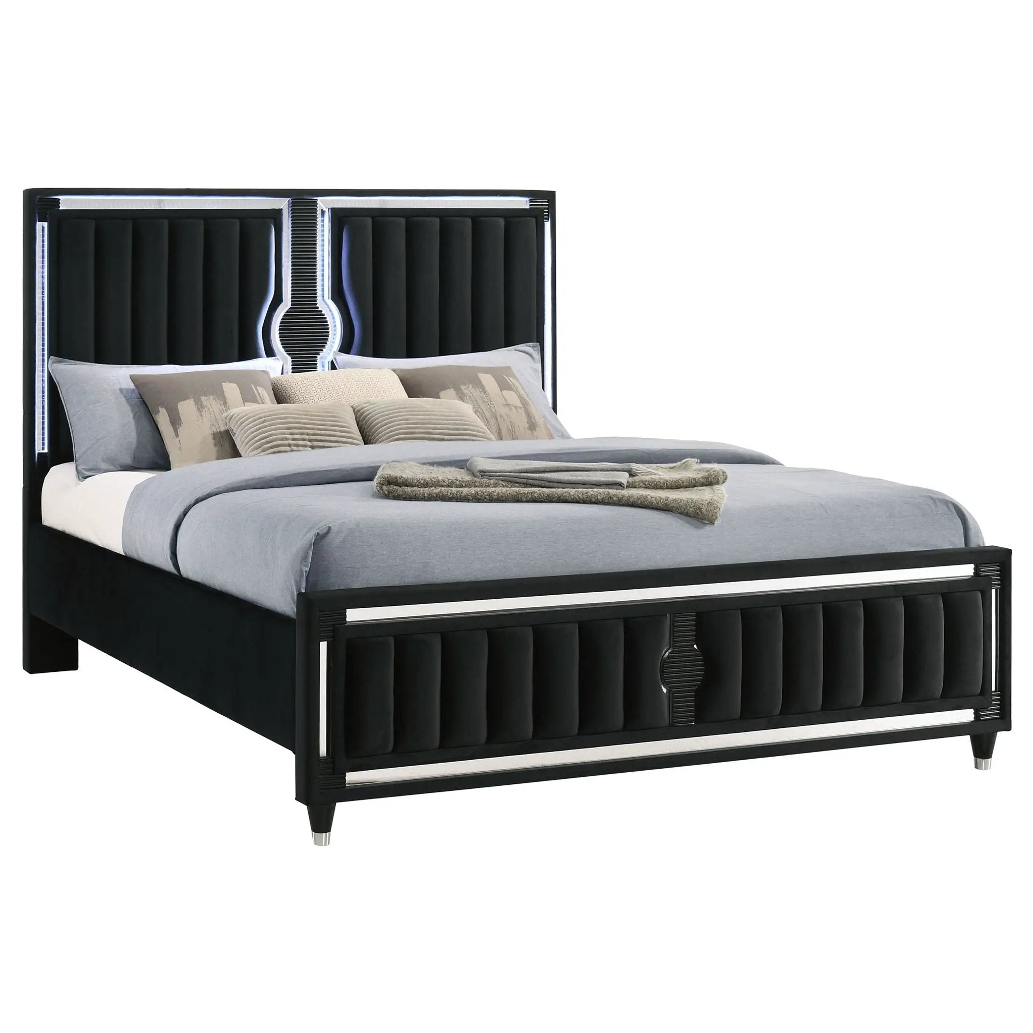 Ravenne Velvet Upholstered Eastern King LED Panel Bed Black by Unique Piece Furniture