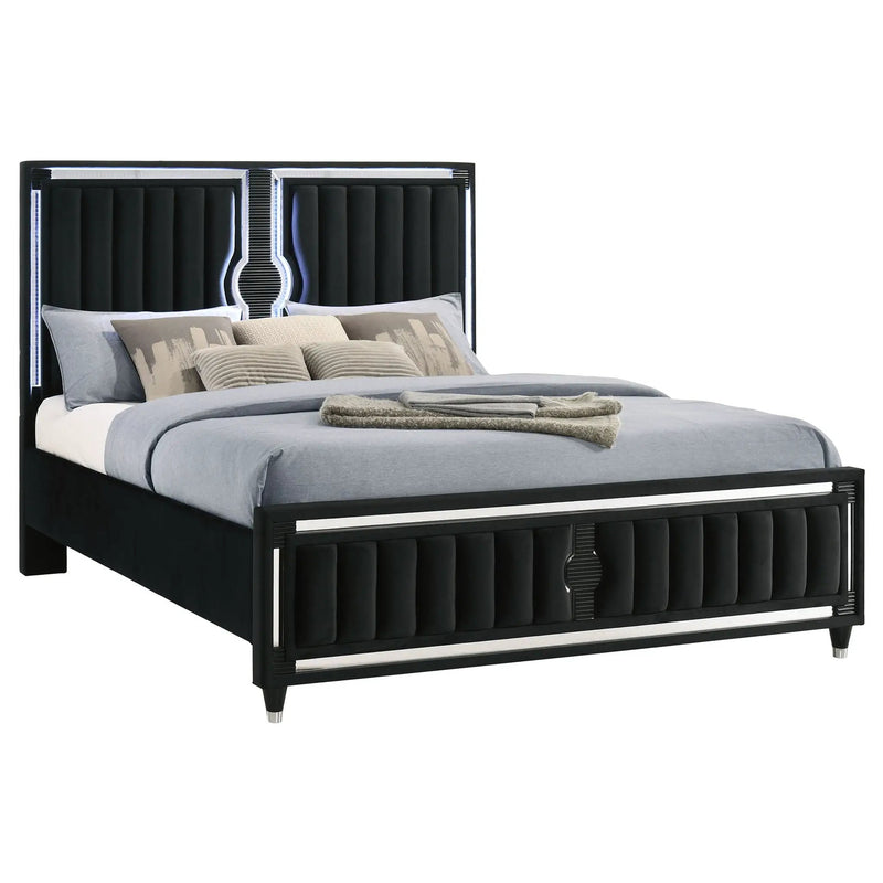 Ravenne Velvet Upholstered Eastern King LED Panel Bed Black by Unique Piece Furniture