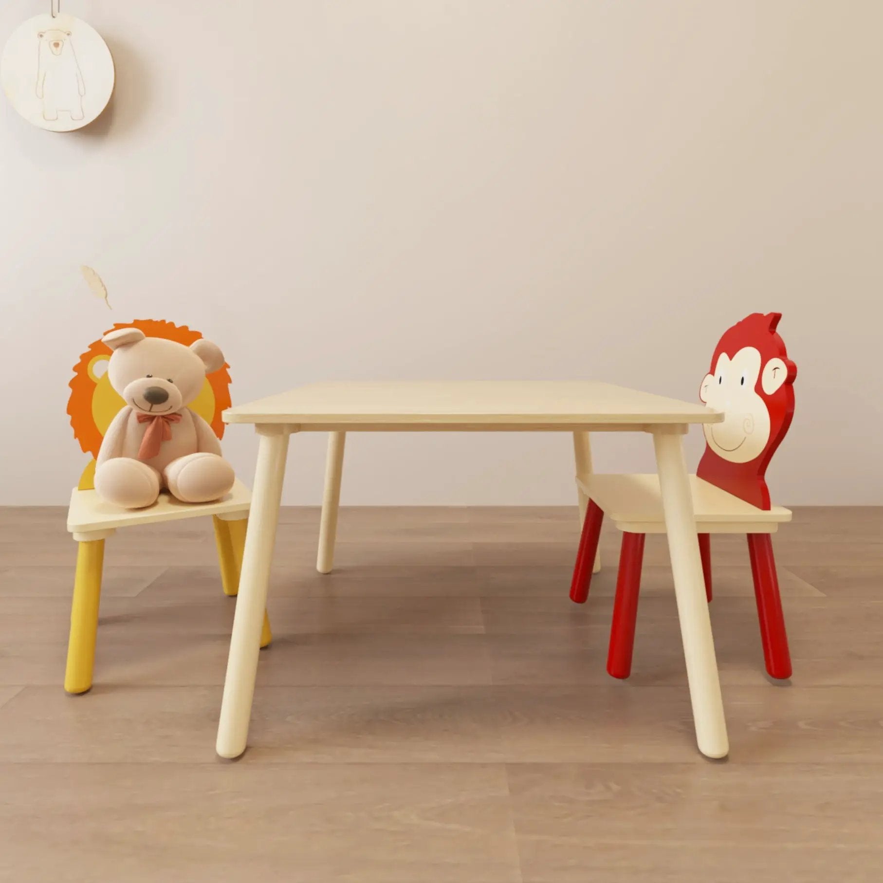 Kids Table And 2 Chairs Set, 3 Pieces Toddler Table And Chair Set, Wooden Activity Play Table Set (Lion&Monkey) - Natural by HouseOfZazla