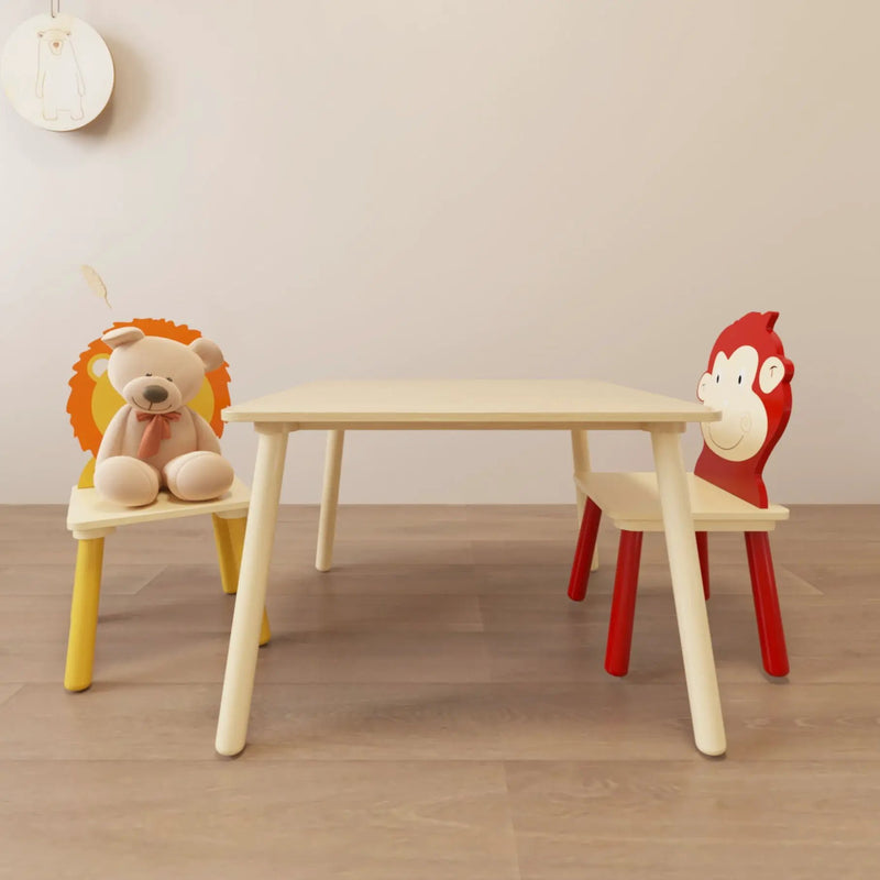 Kids Table And 2 Chairs Set, 3 Pieces Toddler Table And Chair Set, Wooden Activity Play Table Set (Lion&Monkey) - Natural by HouseOfZazla
