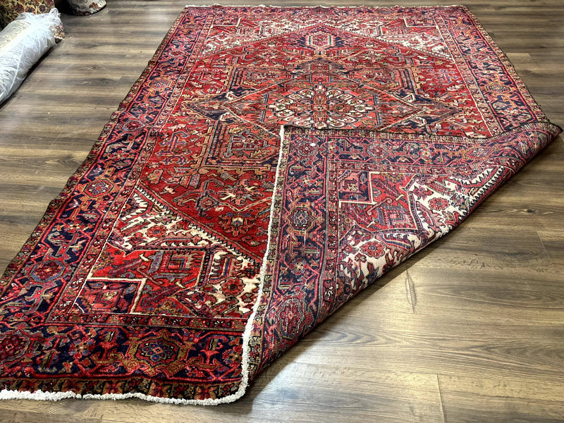 Persian Heriz Rug 7x10, Geometric Pattern, Red Ivory Navy Blue by Jewel Rugs