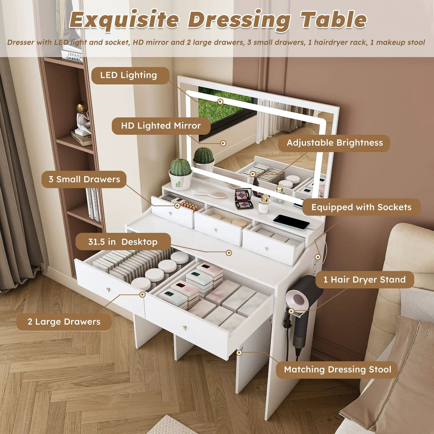 Modern Makeup Vanity Set With Power Outlet, Hair Dryer Holder, And Adjustable Lighting by Unique Piece Furniture