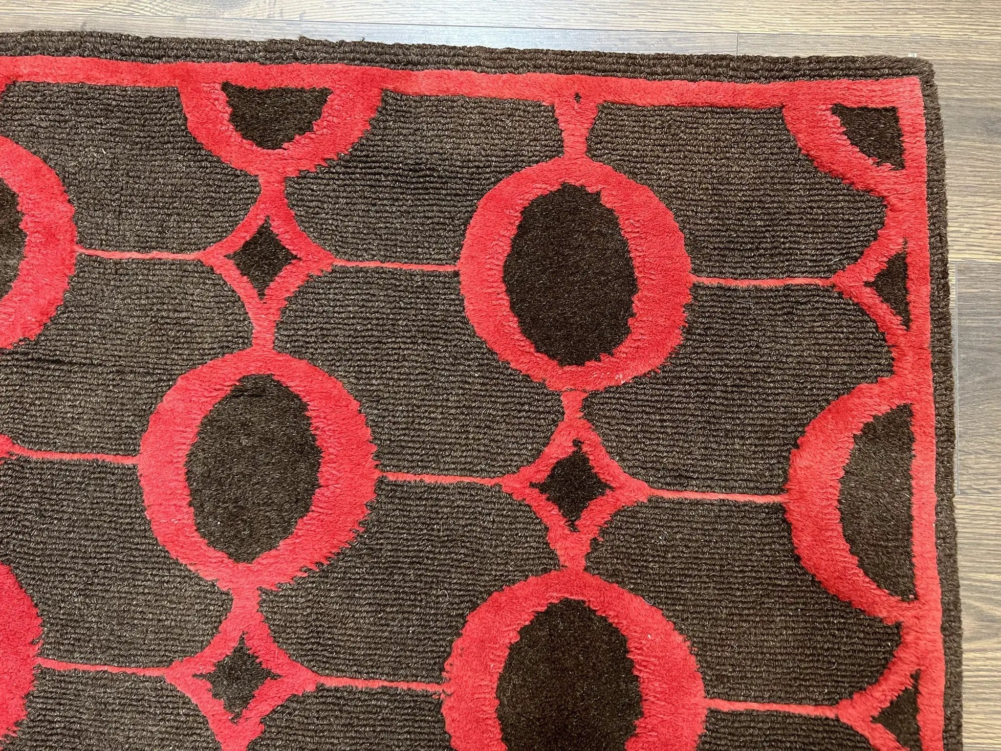 Modern Tibetan Rug 3.8 x 5.7, Raspberry Red and Dark Brown, Abstract Circle Design, Hand Knotted, Soft Wool Handmade Tibet Nepali Carpet 4x6 by Jewel Rugs