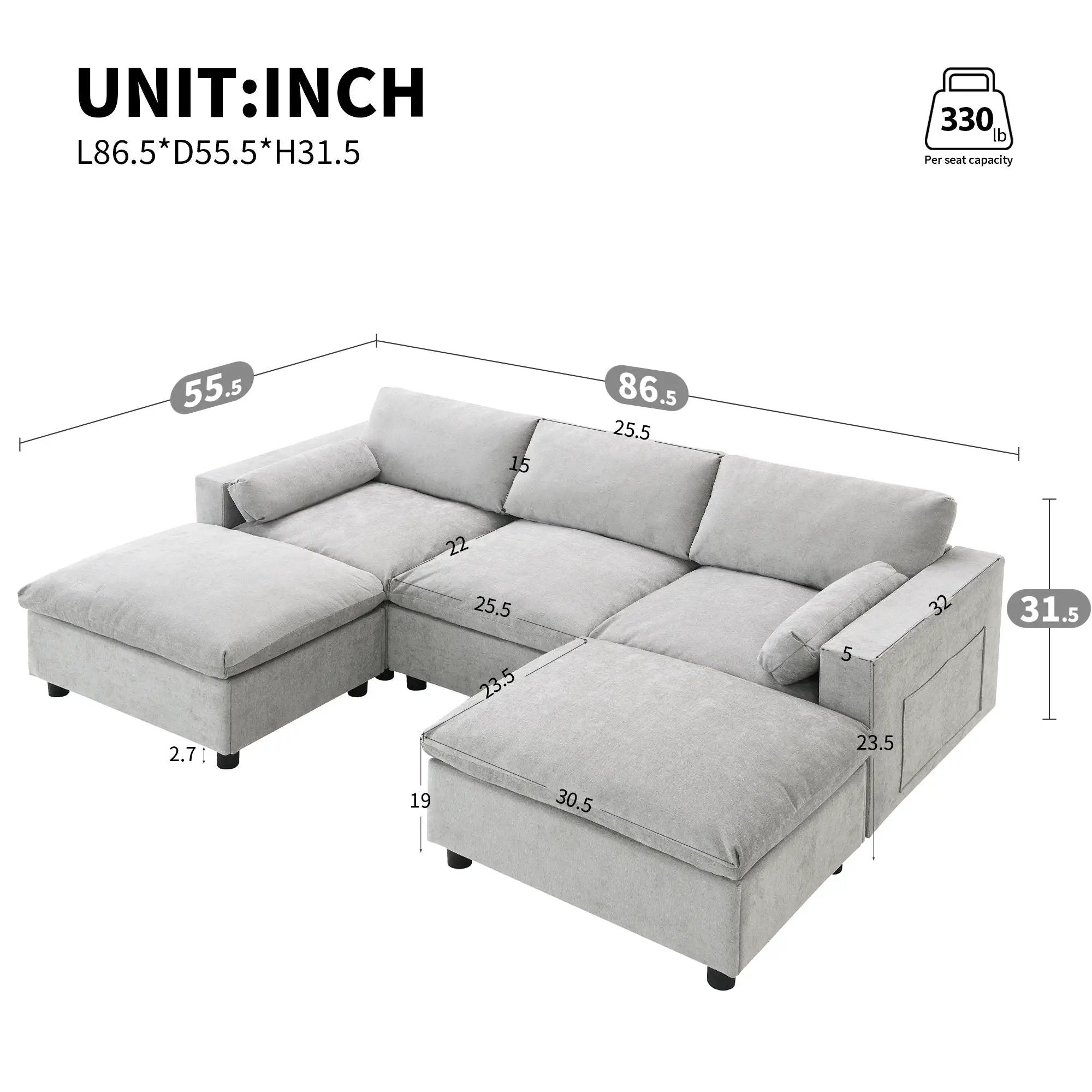 Modular Sectional With Storage Pockets, 5 Seat U Shaped Couch Set With Pillows, Free Combination Modern Cloud Sofa With 2 Movable Ottoman by Unique Piece Furniture
