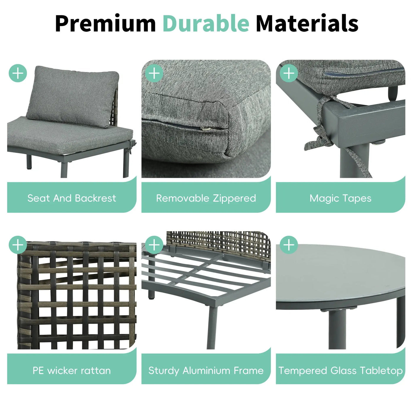 6 Piece Patio Set, Half Moon Outdoor Sectional Sofa With 2 High Low Coffee Tables, 4 Pillows & Cushions by Unique Piece Furniture