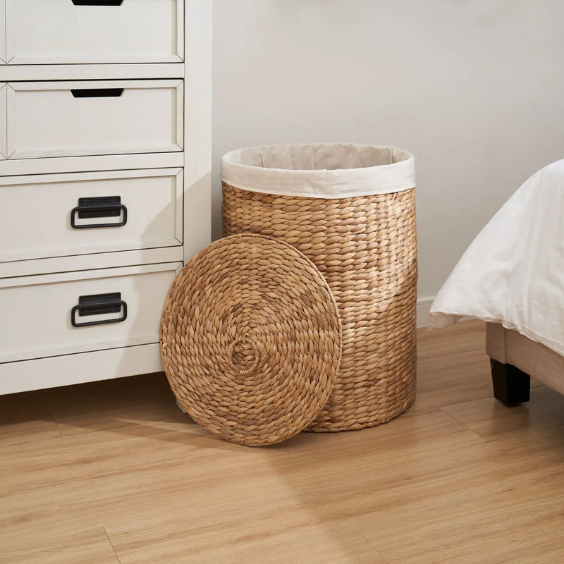 Round Tall Water Hyacinth Woven Wicker Laundry Hamper With Lid - For Clothes, Toys And Book Storage With Removable Liner - 15" X 15" X 20" - Natural Brown by Unique Piece Furniture