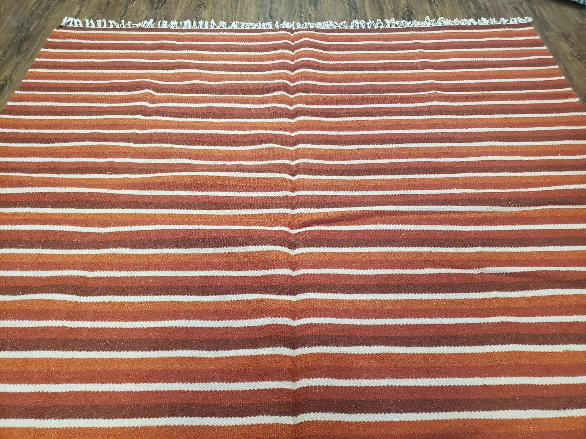 Large Striped Woolen Handmade Throw Blanket, Twin Size Bedding Hand-Woven, Indian Kilim Area Rug, 6x8 - 7x8, South American Style Textile by Jewel Rugs