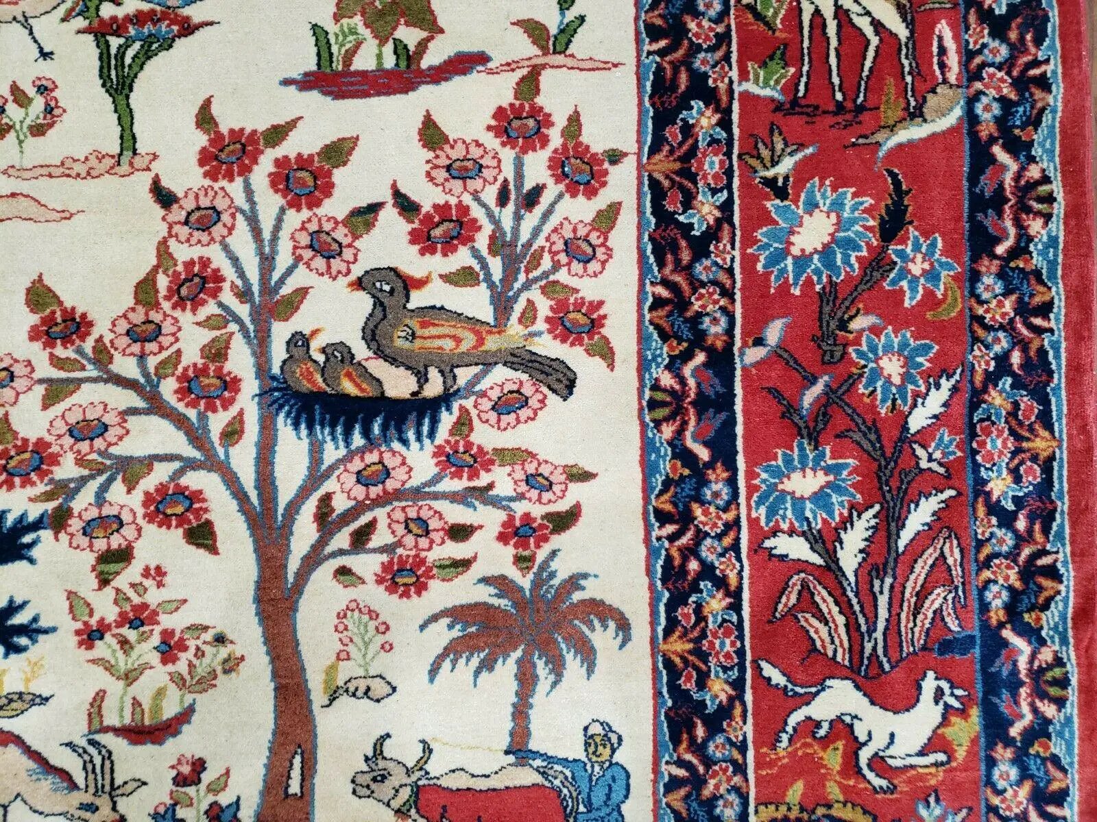 Antique Persian Isfahan Rug 5x7, Animal and Human Pictorials, Hand Knotted Fine Oriental Wool Carpet, Cream and Red, High KPSI, Vintage Rug 5 x 7 ft by Jewel Rugs