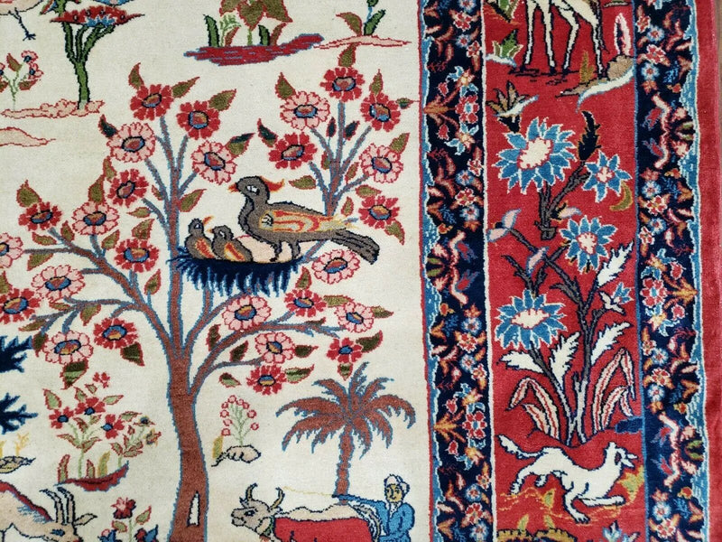 Antique Persian Isfahan Rug 5x7, Animal and Human Pictorials, Hand Knotted Fine Oriental Wool Carpet, Cream and Red, High KPSI, Vintage Rug 5 x 7 ft by Jewel Rugs
