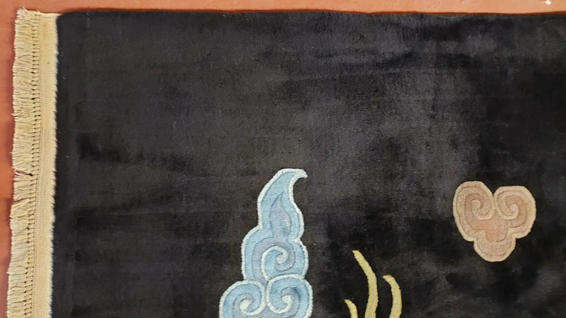 Rare Antique Chinese Art Deco Rug 6x9 with Dragon, Black Chinese Carpet 6 x 9, Hand Knotted Wool Area Rug by Jewel Rugs