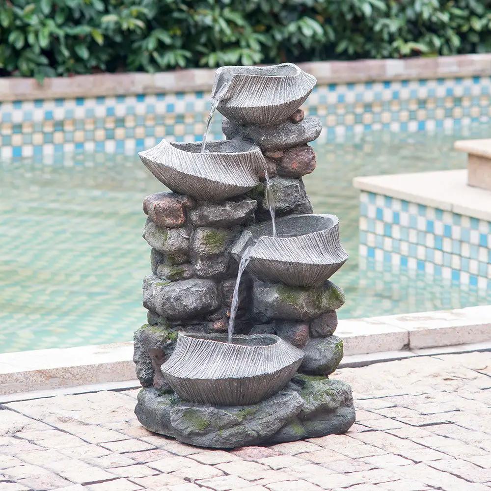 Indoor Outdoor Stone Water Fountain, 4 Tier Polyresin Cascading Rock Bowl Freestanding Fountain With LED Ligh - Gray by Unique Piece Furniture