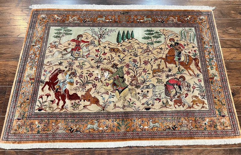 Silk Persian Qum Rug 3x5, Hunting Pattern, Handmade Vintage Carpet, Signed by Master Weaver, Horsemen Pictorials, Super Fine 650 KPSI by Jewel Rugs