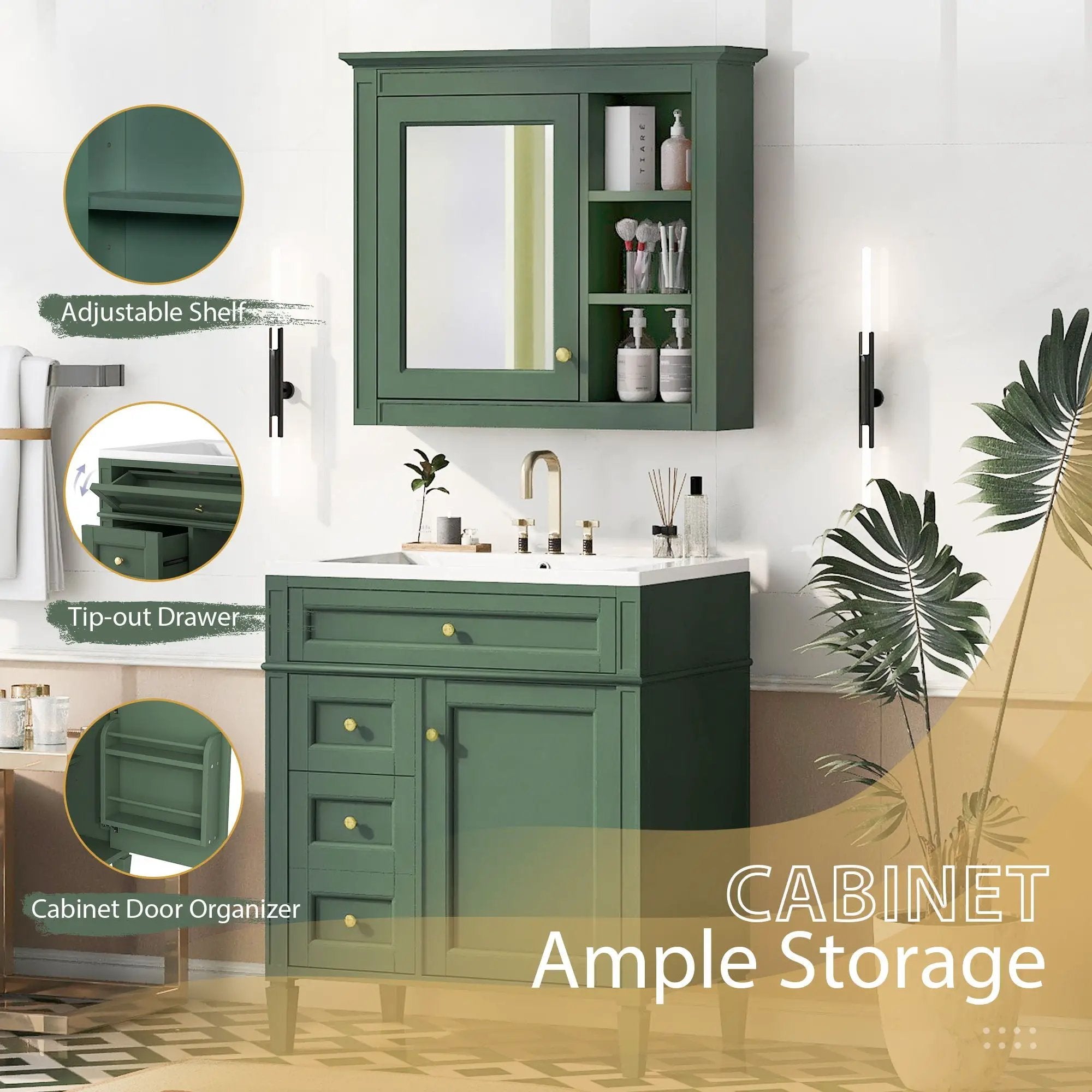 Bathroom Vanity With Medicine Cabinet, Royal Mirror Cabinet, Modern Bathroom Storage Cabinet With 2 Soft Closing Doors And 4 Drawers by HouseOfZazla