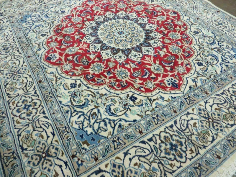 Square Persian Nain Rug 6'3" x 6' 8", Hand-Knotted, Wool with Silk Accents, Ivory Red Blue by Jewel Rugs