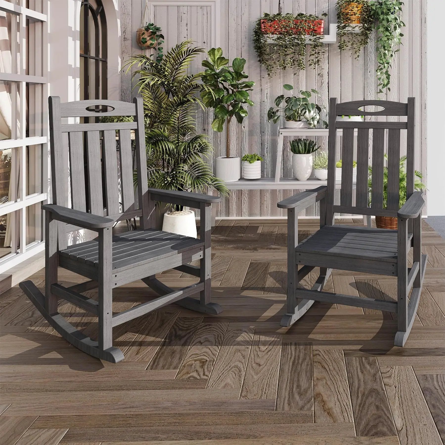 Outdoor Rocking Chair Set of 2, HDPE Patio Rocking Chair for Adults, Oversized Outdoor Rocker for Porch Garden Lawn,Grey by HouseOfZazla