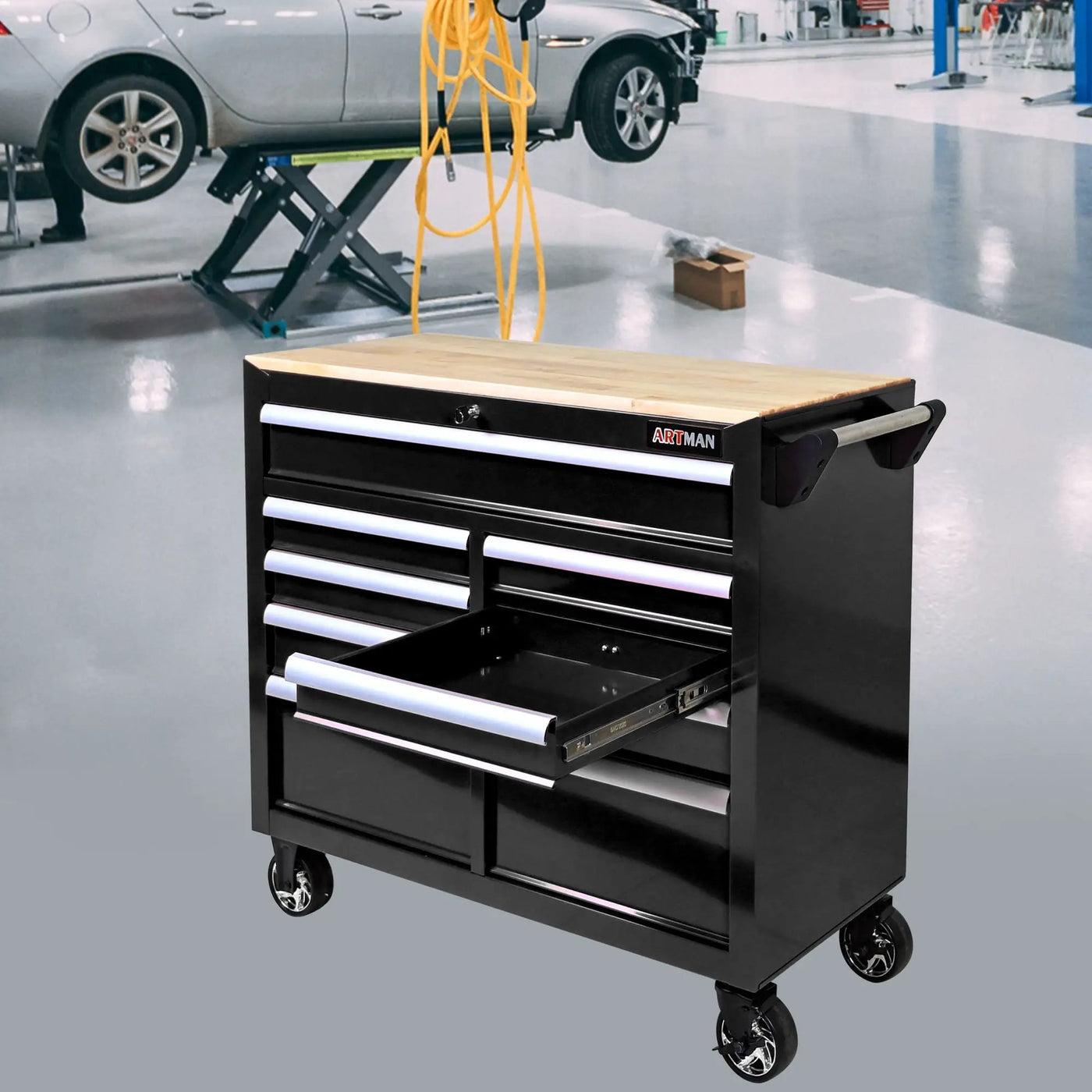 9 Drawer Multifunctional Steel Tool Cart With Wheels And Wooden Top by HouseOfZazla