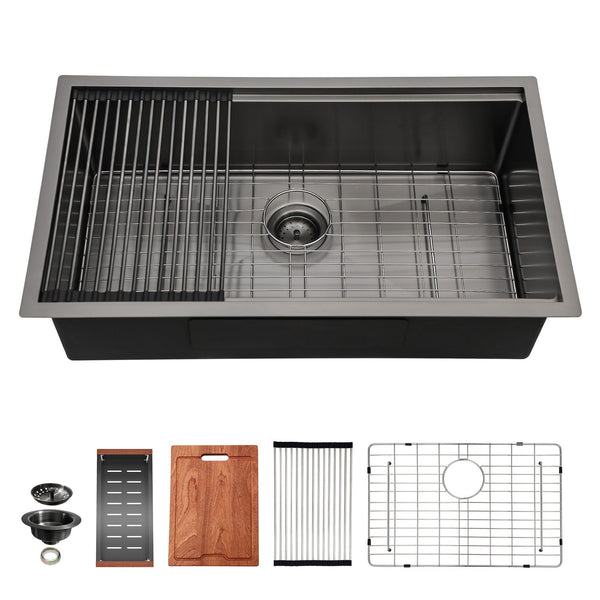 Workstation Kitchen Sink, Single Bowl Undermount 16 Gauge Stainless Steel - White