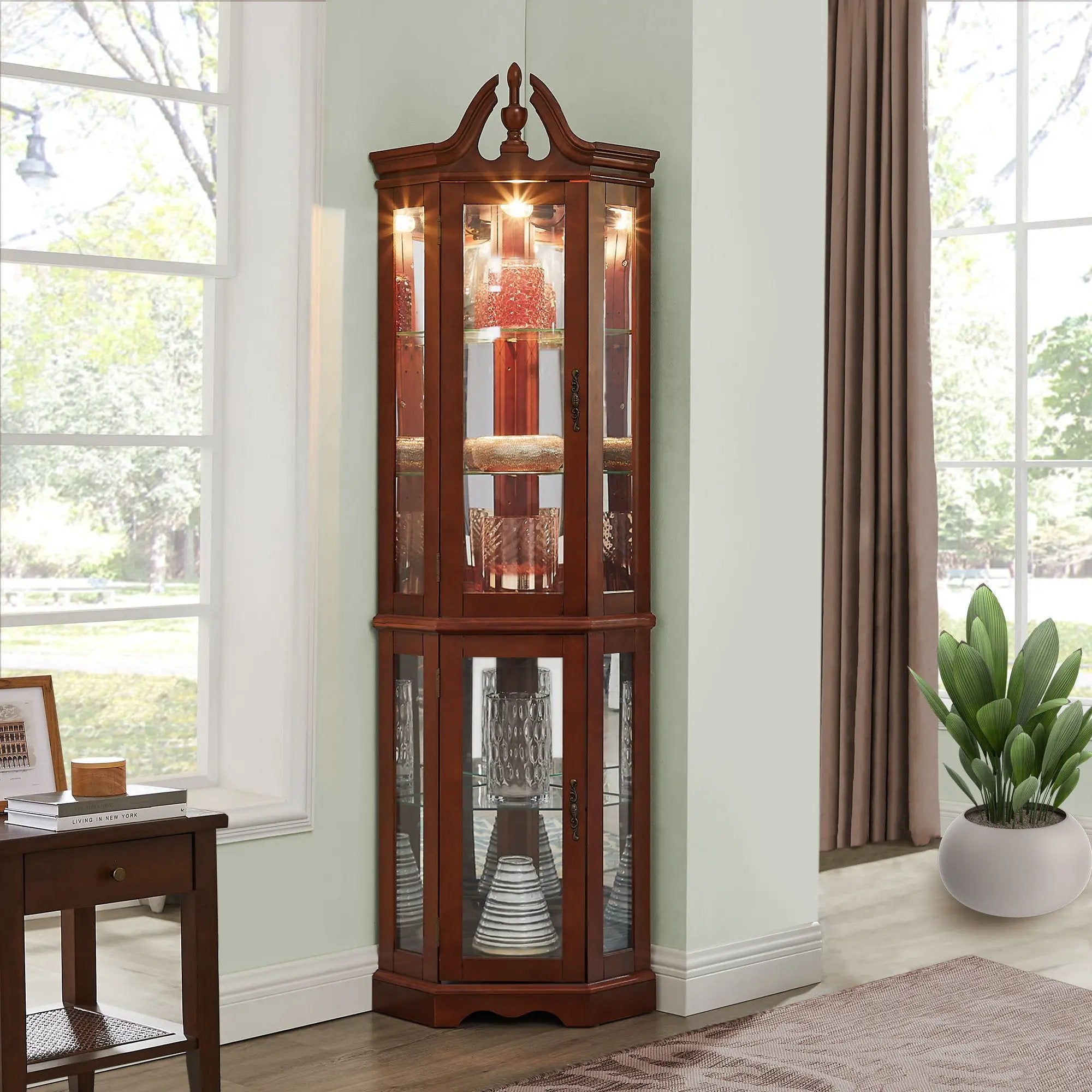 Corner Curio Cabinet With Lights, Adjustable Tempered Glass Shelves, Display Cabinet (E26 Light Bulb Not Included) - Mirrored / Walnut by Unique Piece Furniture