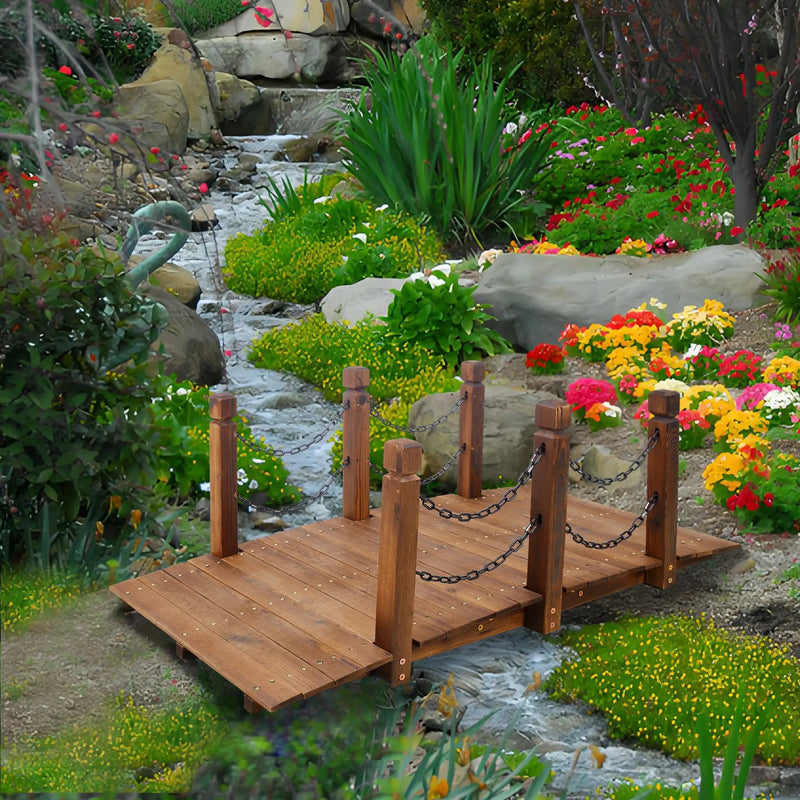 5 Ft Wooden Garden Bridge, Stained Wood Arc Footbridge with Chain Railings by HouseOfZazla