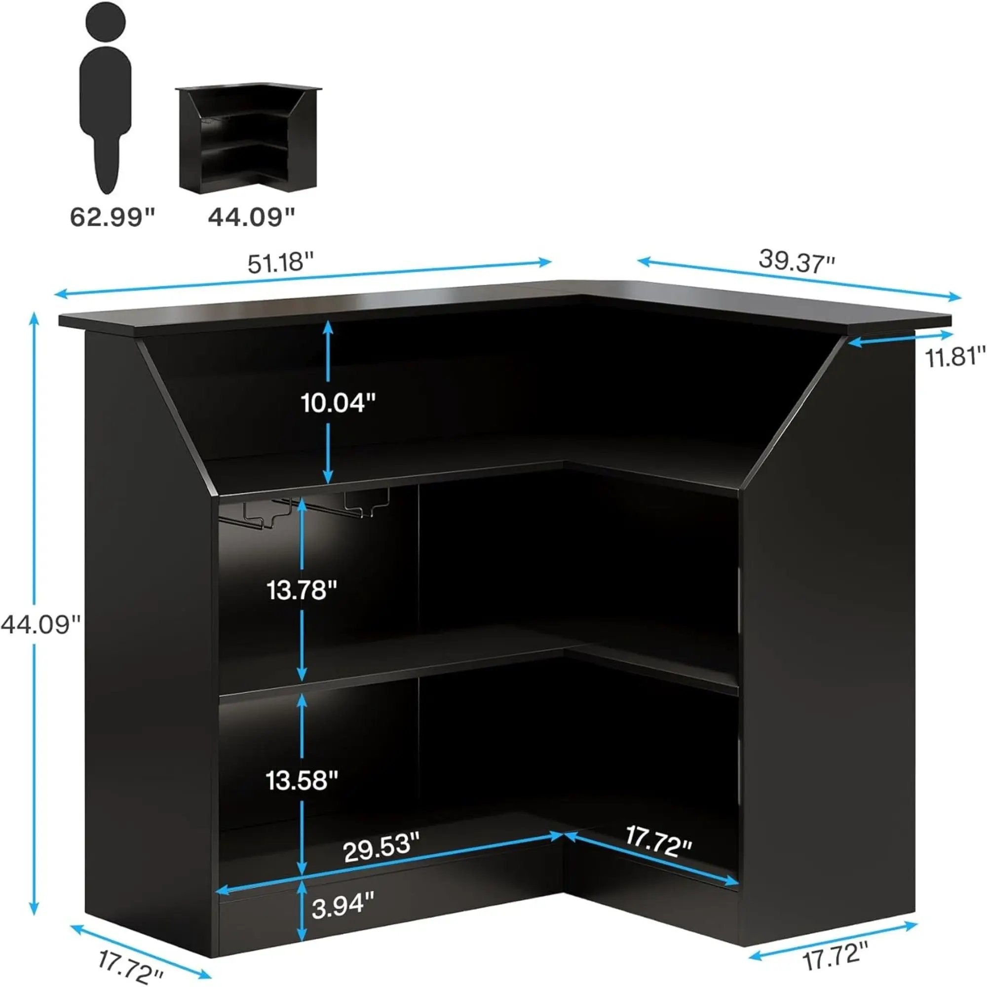 L-Shaped Home Bar Cabinet With Stemware Racks, 4 Tier Corner Unit, Liquor Wine Bar Table & Reception Desk For Home Pub - Black by HouseOfZazla