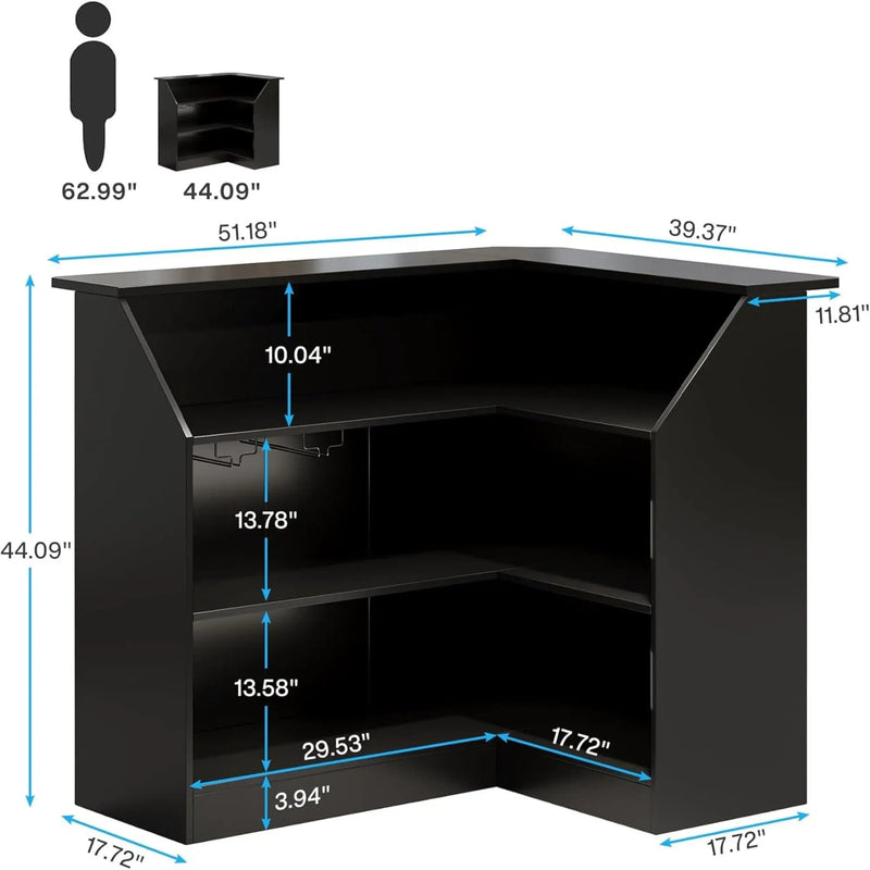L-Shaped Home Bar Cabinet With Stemware Racks, 4 Tier Corner Unit, Liquor Wine Bar Table & Reception Desk For Home Pub - Black by HouseOfZazla