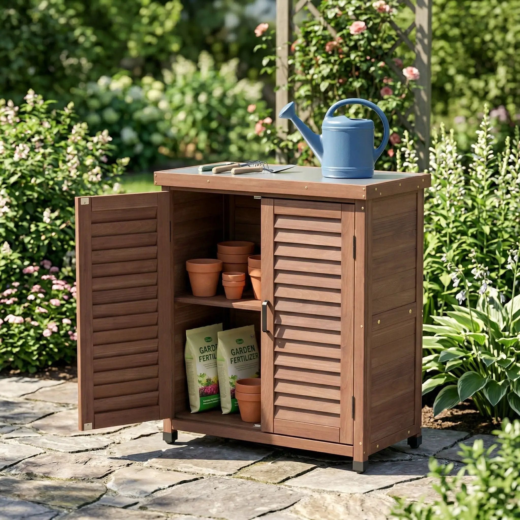 Potting Bench With Storage Cabinet And Metal Table Top For Outdoor by Unique Piece Furniture