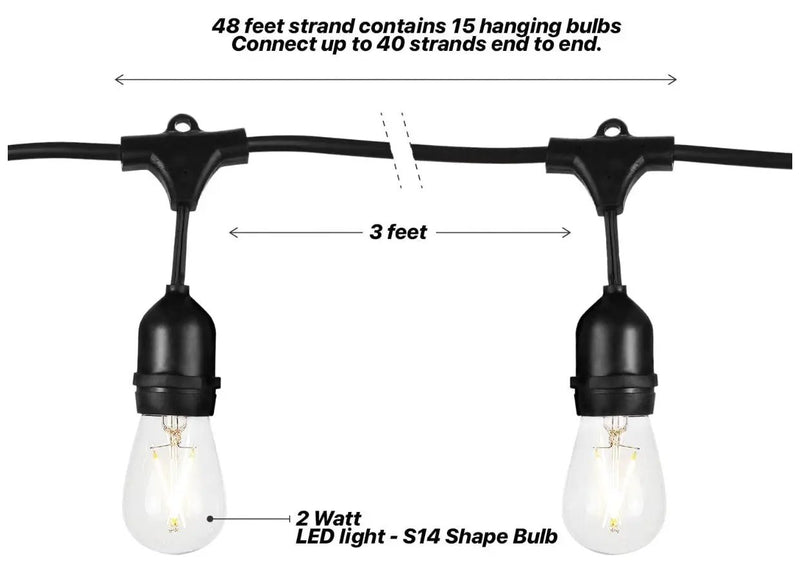 24Ft Plug-In LED Outdoor String Lights Waterproof- Hanging, Dimmable 2W Vintage Edison Bulbs by Outdoor Solar Outlet