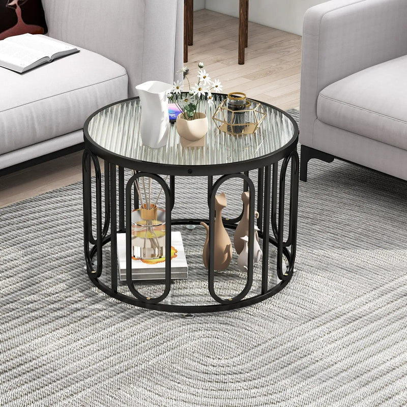 24 Inch Round Coffee Table with Reeded Tempered Glass Top and Oval Swivel Brackets by DirectDeals