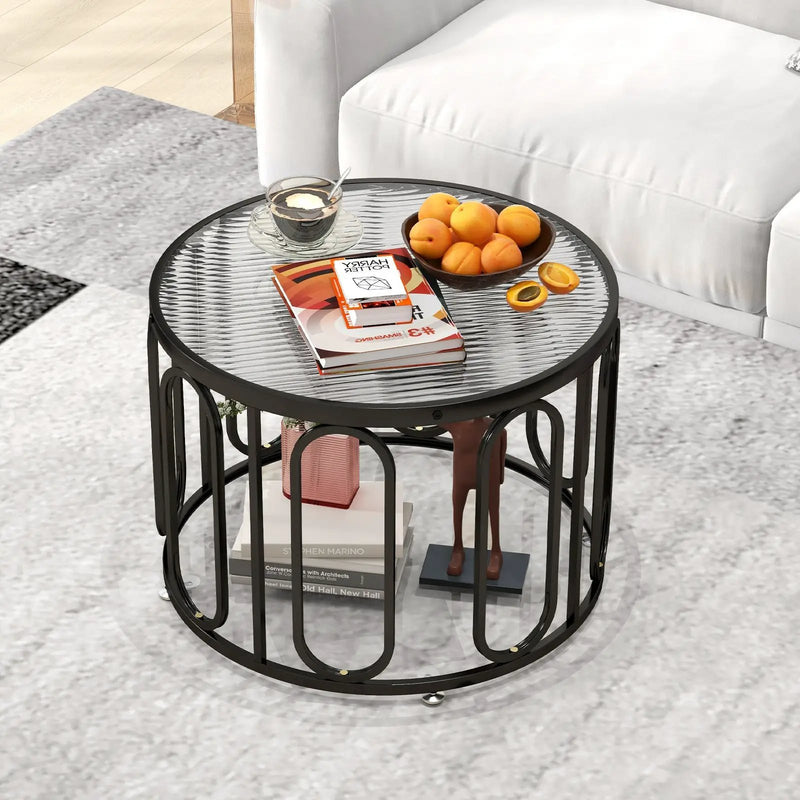 24 Inch Round Coffee Table with Reeded Tempered Glass Top and Oval Swivel Brackets by DirectDeals