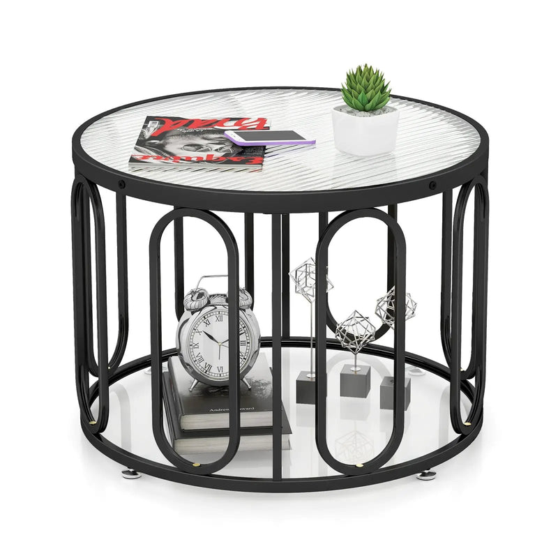 24 Inch Round Coffee Table with Reeded Tempered Glass Top and Oval Swivel Brackets by DirectDeals