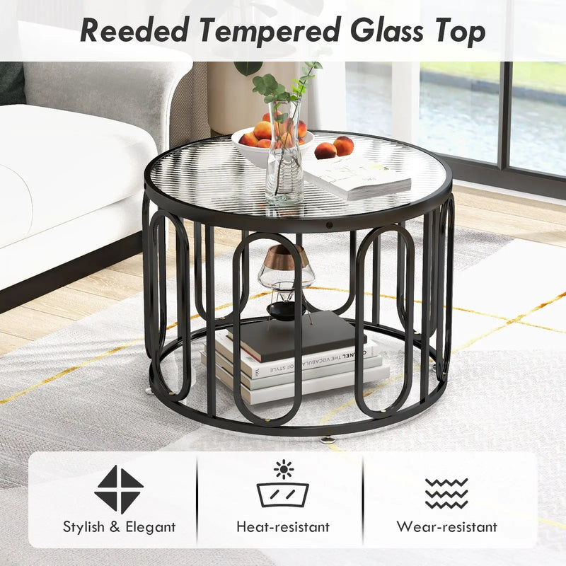 24 Inch Round Coffee Table with Reeded Tempered Glass Top and Oval Swivel Brackets by DirectDeals