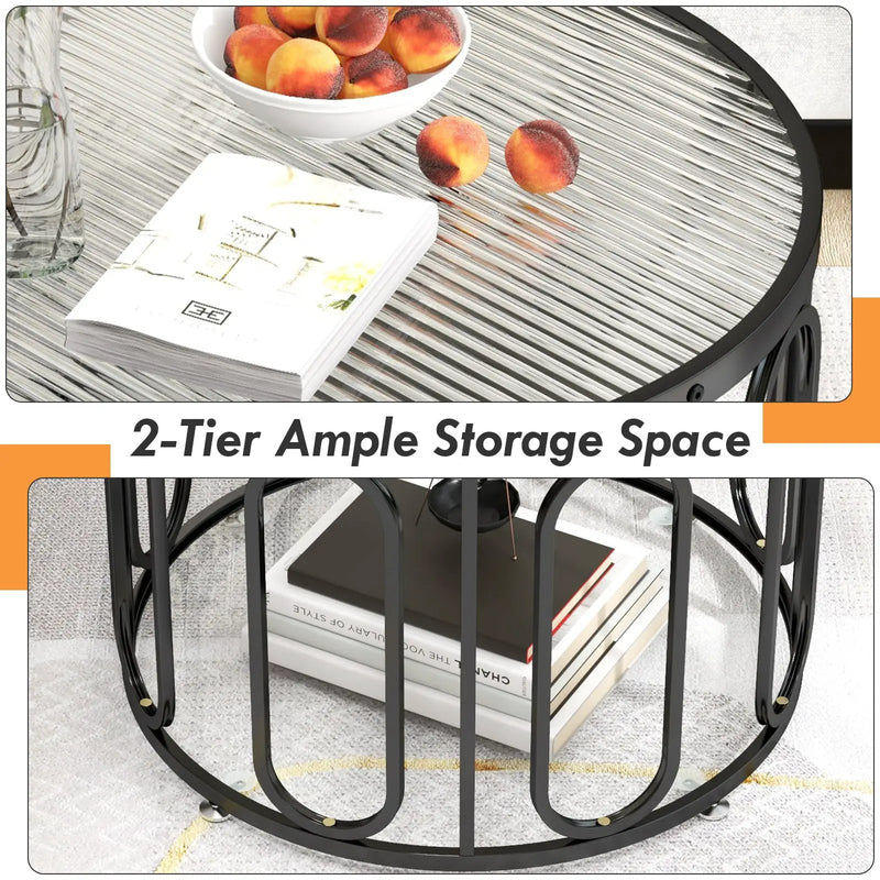 24 Inch Round Coffee Table with Reeded Tempered Glass Top and Oval Swivel Brackets by DirectDeals