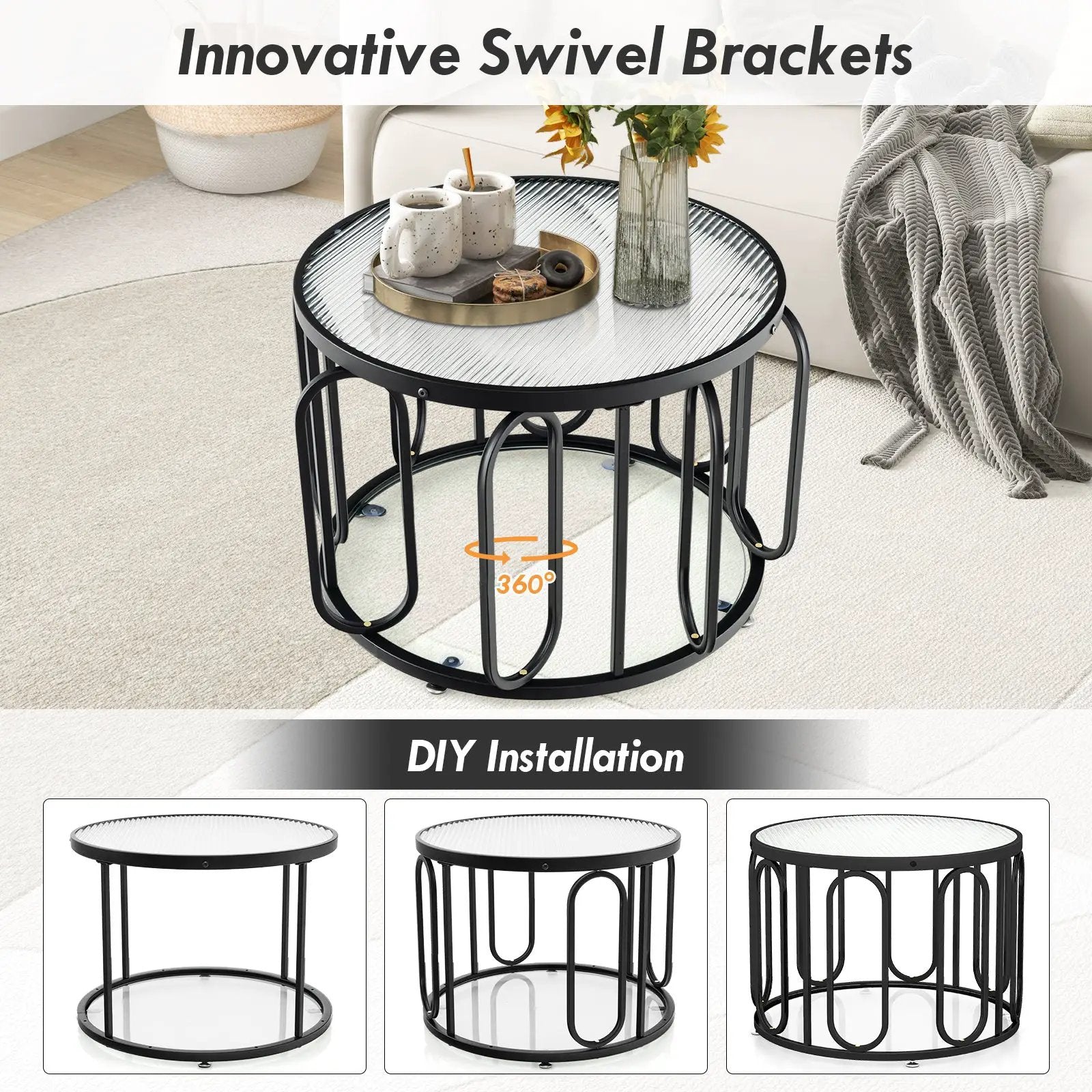 24 Inch Round Coffee Table with Reeded Tempered Glass Top and Oval Swivel Brackets by DirectDeals